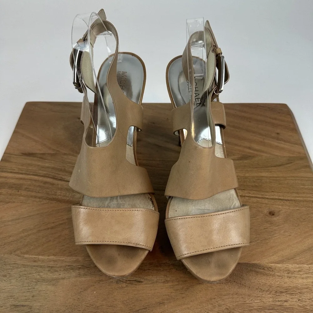Womens‎ Michael Kors Carla Beige Leather Heeled Platform Sandals Size 11 M GUC